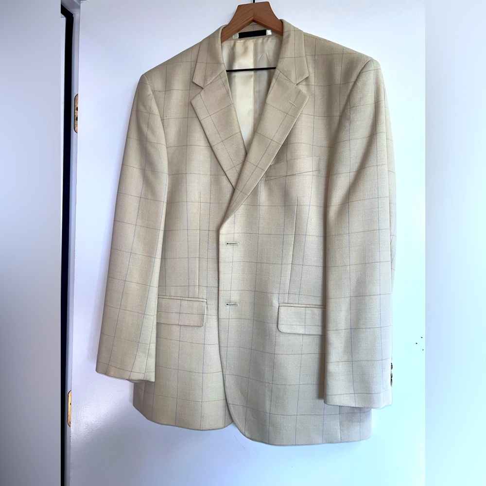 JONES NY silk & wool cream windowpane plaid two button blazer, 42 regular
